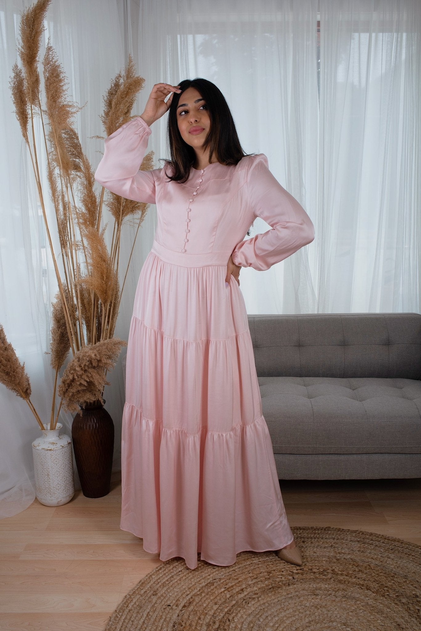 Party wear gown three layer of fabric with Bishop sleeves ,pink color, tissue fabric, best for orders all occasion