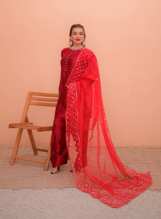 Chandni- Red farshi shalwar set with emroidered dupatta -3 piece