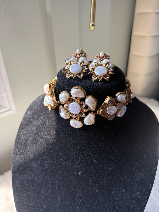 All white pearl floral choker set with pink sparkles