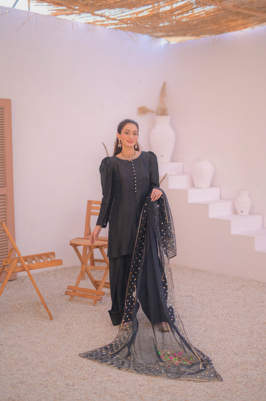 Black farshi shalwar set with emroidered dupatta -3 piece
