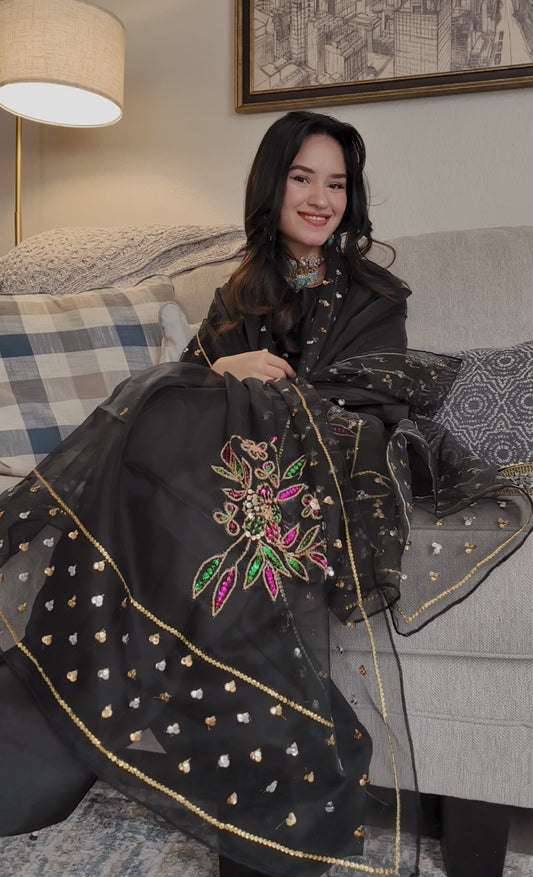Chandni-  Black farshi shalwar set with embroidered dupatta -3 piece