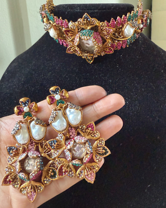 Mutli Colored Turkish Floral Choker set with earrings