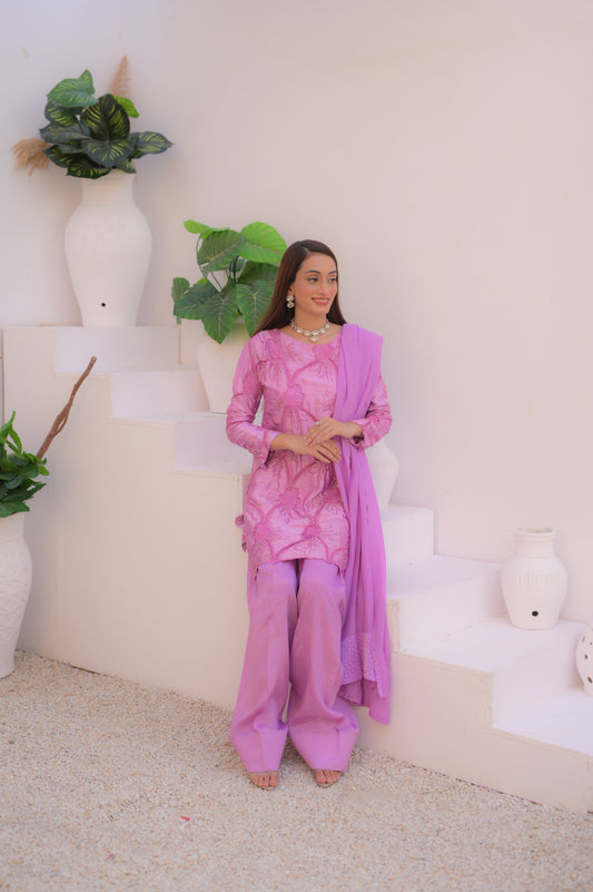 3 Piece Lilac  Embroidered Farshi  Shalwar set