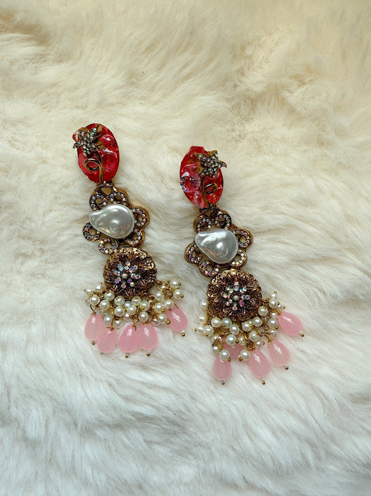 Pink long pearl earrings - Peace Lily