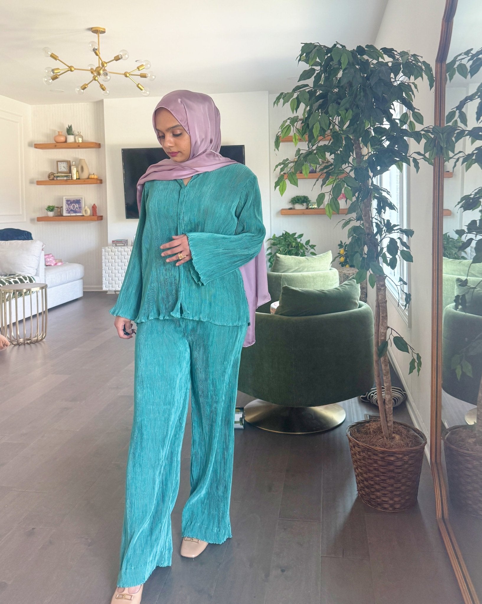 Pleated silk Co - ord Set - Teal - Peace Lily