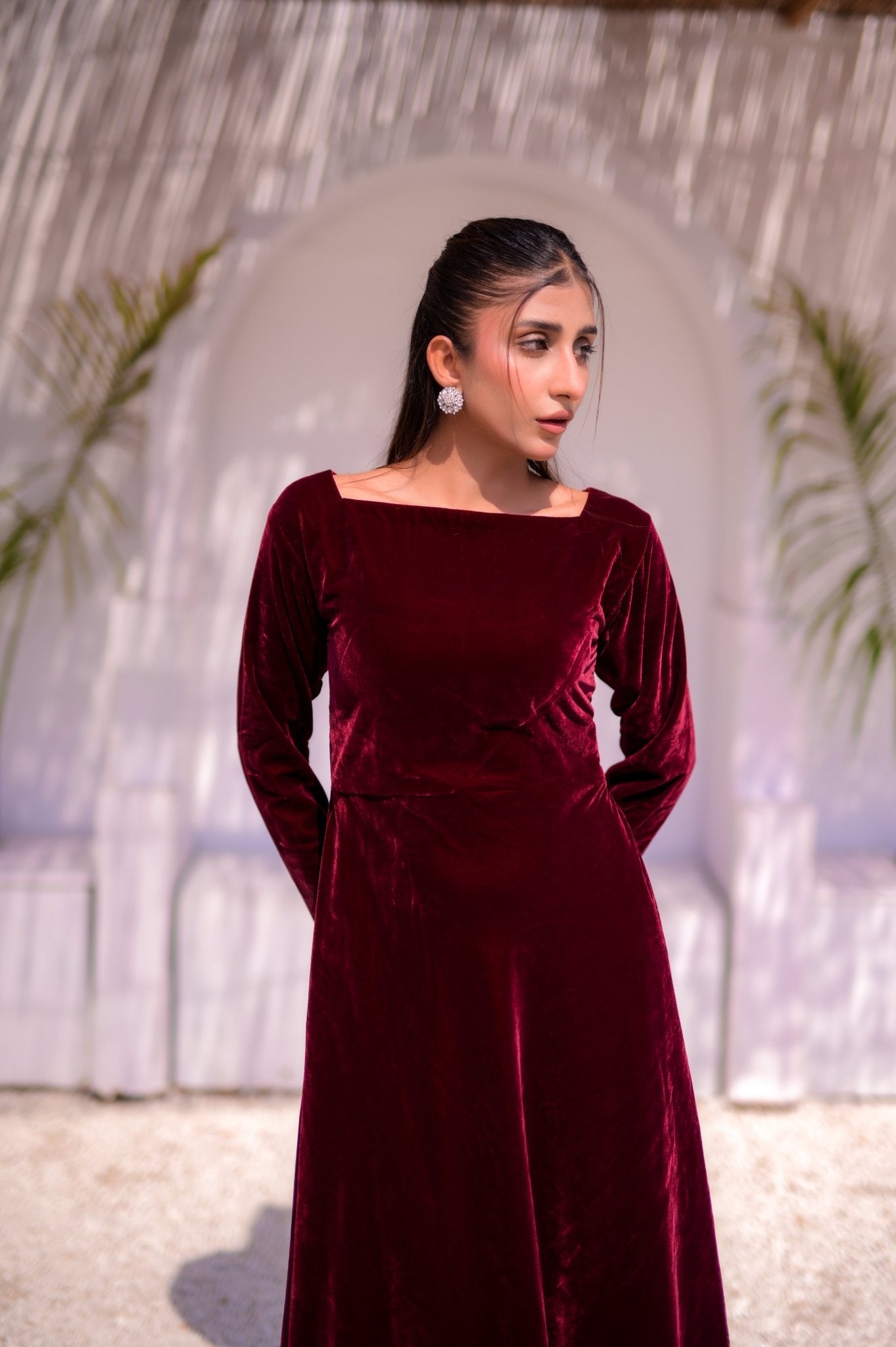 womens long sleeve winter dresses Wine Red A-line Long Sleeves Winter Dresses, Women Long Dresses, Velvet Dresses, Blue Vintage Dresses