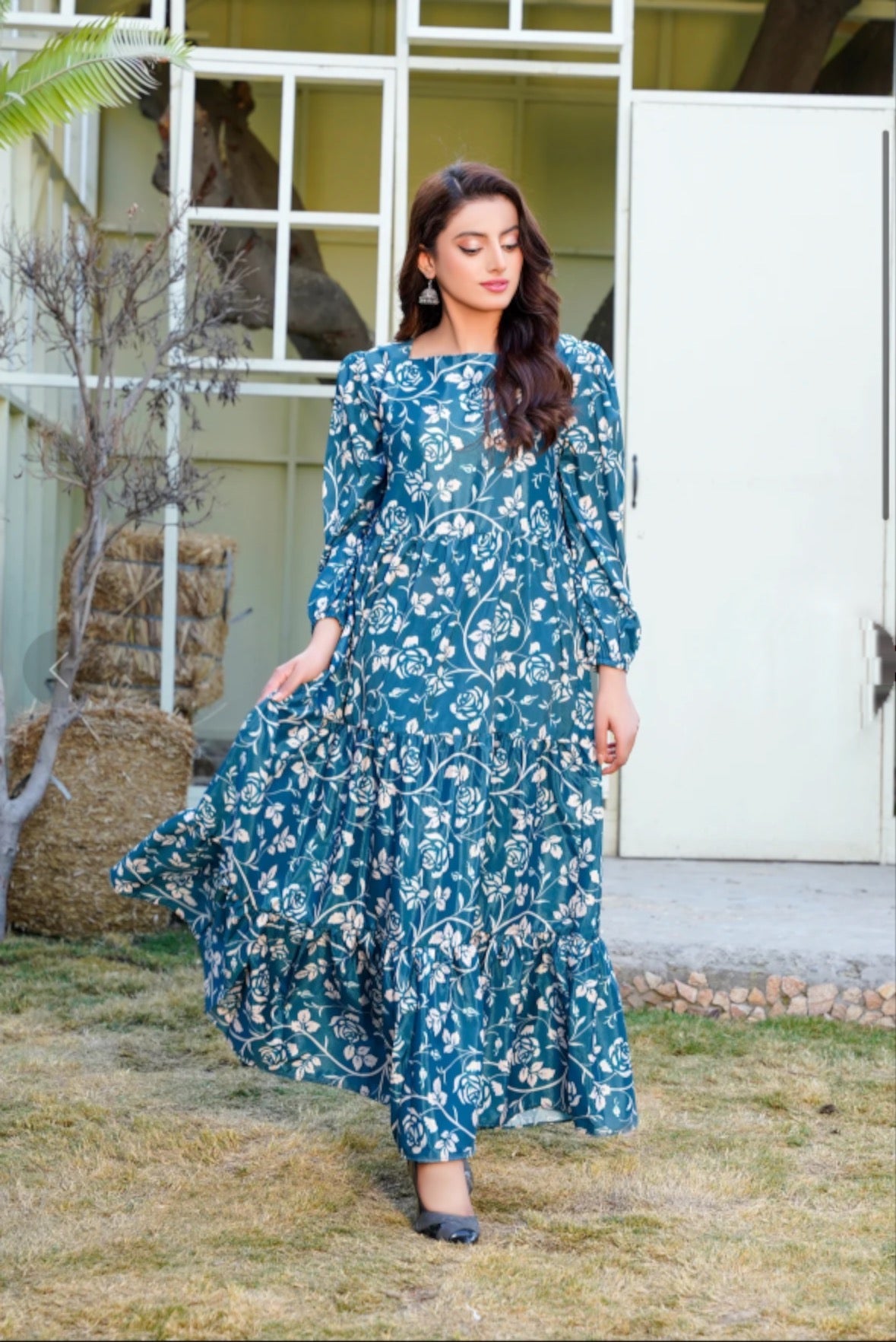 Teal and White Floral Maxi Dress - Peace Lily